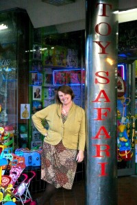 Helen Dean in front of her store, Toy Safari